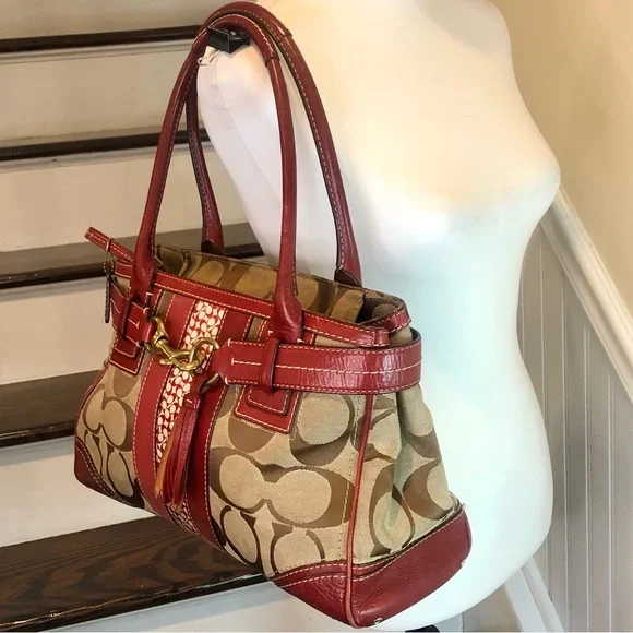 COACH Hampton Signature C Logo Canvas Red Leather Briefcase Shoulder Bag RARE - Picture 5 of 17